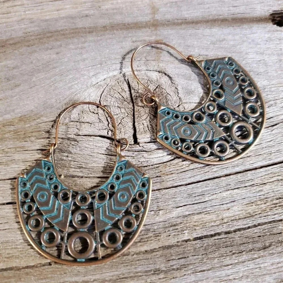 Antique Copper Verdigris Filigree Circles Chevrons Demi Circle Patina Earrings - Picture 1 of 5
